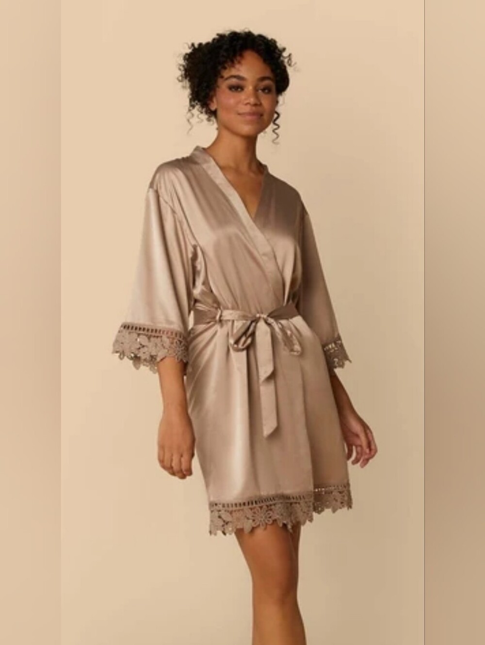 Boutique Satin Lace-Trim Robe in Champagne